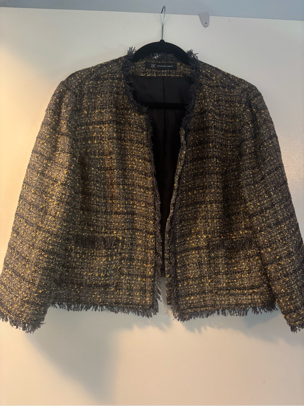 INC International Concepts Black and Gold Tweed Fringe Open-Front Blazer